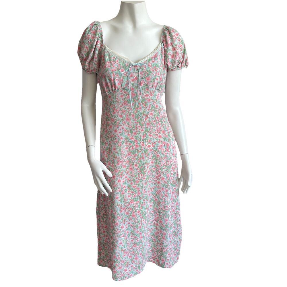 Monteau Puff Sleeves Cottage Y2K‎ Milkmaid Lace Trim Ditsy Floral Midi Dress M